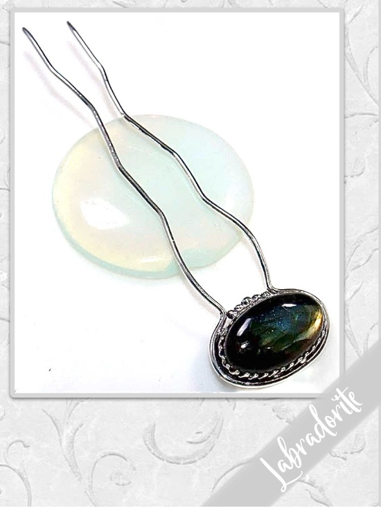Labradorite Large Eclectic Silver Artisan Hair Pin 4.5” Black, Yellow/Gold, Blue